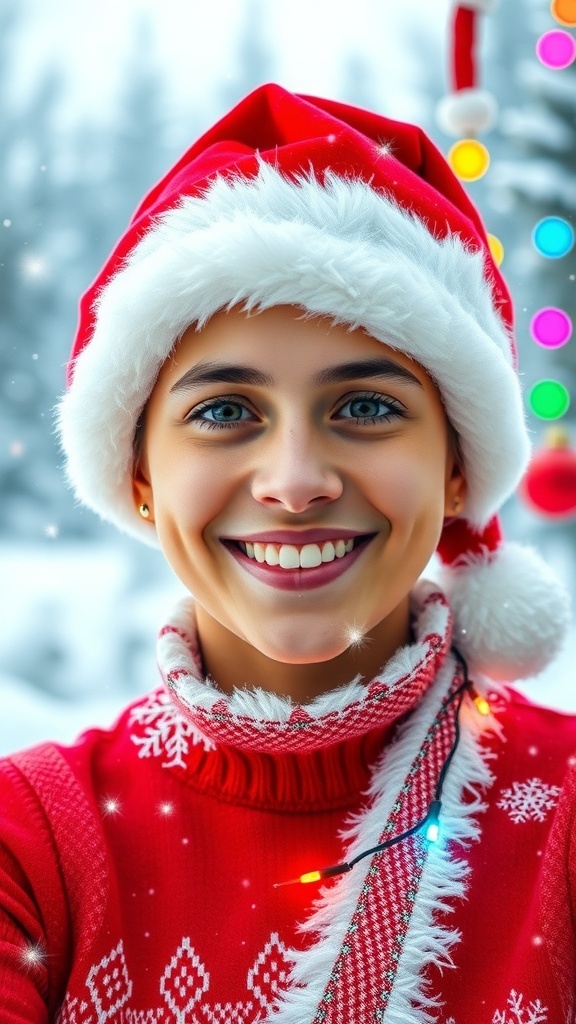A person in a Santa hat with a snowy background and Christmas decorations for a festive profile picture.